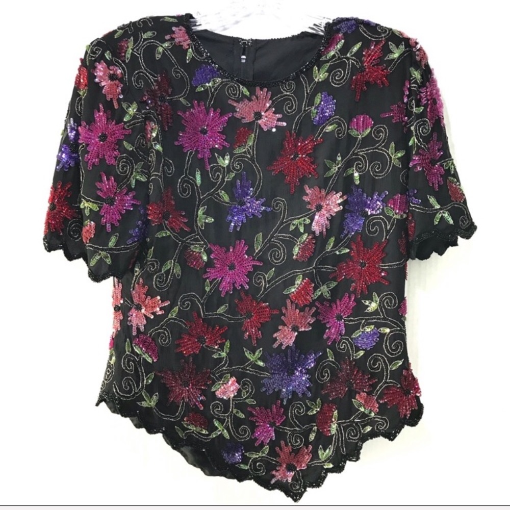 Vintage Bead & Sequined Floral Top M - Picture 2 of 5